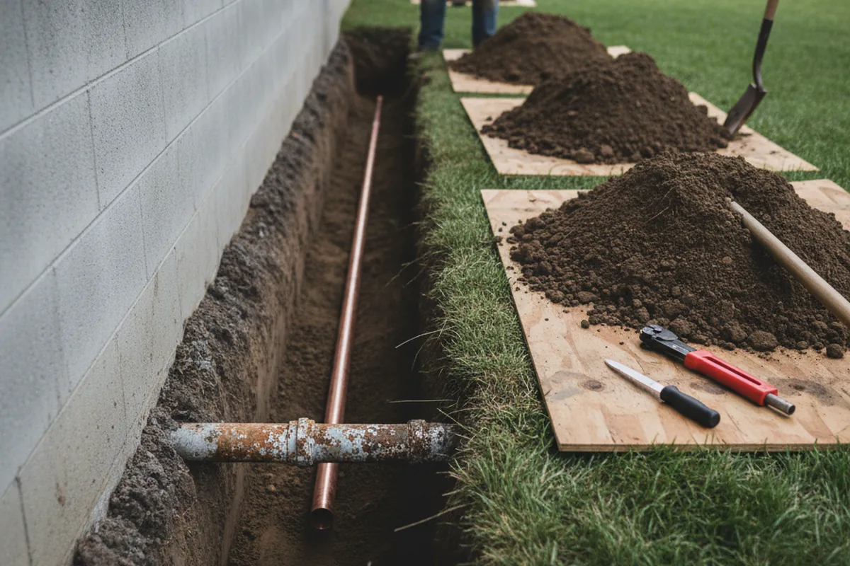 Excavated water line trench during Sewer Line Repair in Landrum